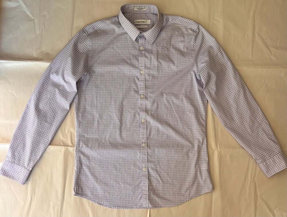 Calvin Klein Non Iron Slim Fit Shirt Size M Purple Check Long Sleeve